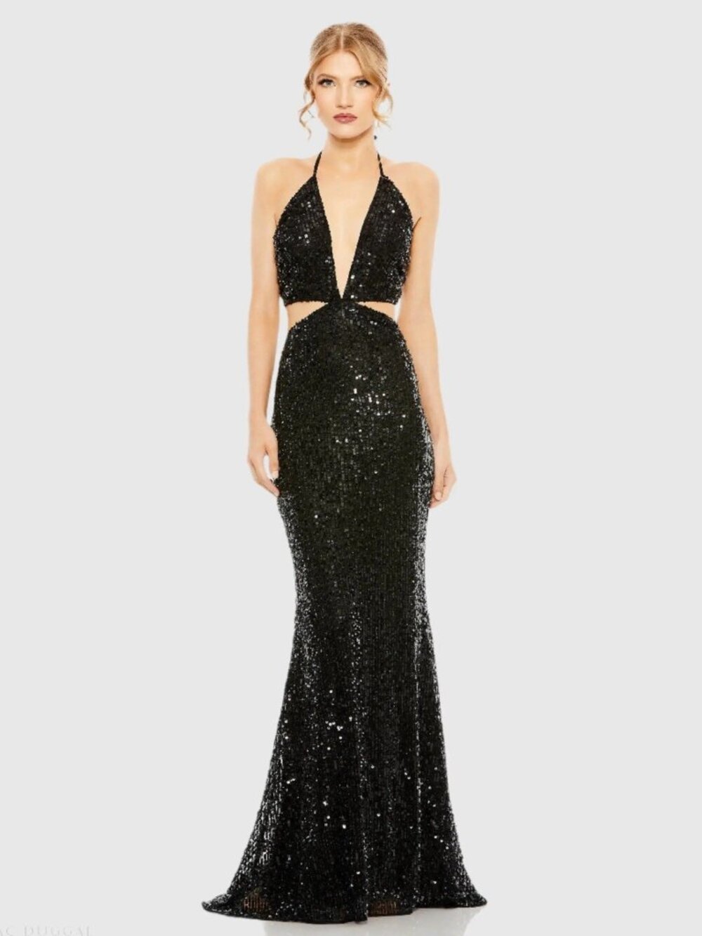 MAC DUGGAL Size 4 Black 93977 Cut Out Halter Tie Back Sequin Prom Gown Dress NWT